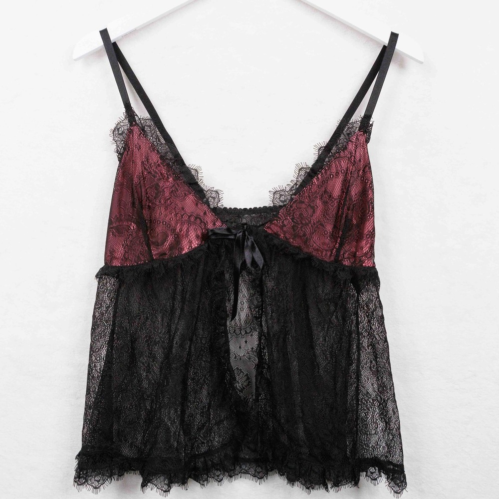 VTG Y2K Sheer Lace Babydoll Cami Lingerie Nightgown Whimsigoth Black Pink Sz M/L